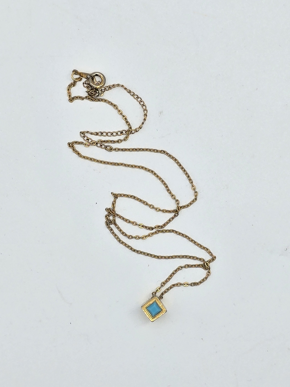 Vintage Signed Trifari Gold Tone Faux Turquoise Square Pendant Necklace